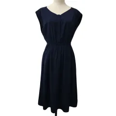 アーバンリサーチ URBAN RESEARCH シャツワンピース Aライン ロング ウエストゴム 無地 フレンチスリーブ Free 紺 ネイビー