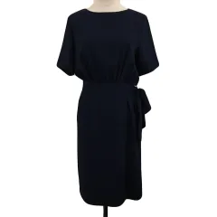 オフオン ofuon stylish ワンピース Iライン 膝丈 リボン 無地 ラップ風 半袖 40 紺 ネイビー