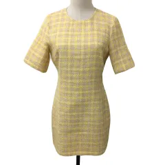 ザラ ZARA ワンピース フレア ミニ ラウンドネック チェック 半袖 USA S 黄 イエロー オレンジ