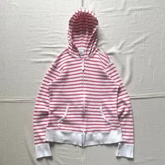 希少　00s　archive　OLD UNIQLO　オールドユニクロ　フルジップアップ　サーマル　ワッフル生地　ピンク×ホワイト　細ボーダー柄　フード付パーカー　短丈フーデッドスウェット　L　平成レトロ　Y2K　waffle×stripes zip parka