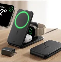 ESR 15W 3-in-1ワイヤレス充電器 iPhone & Apple Watch用 MagSafe充電スタンド[認証] iPhone 17e/17/16/15/14/13/12 & Watch & AirPods 4/3/AirPods Pro ブラック