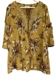 インゲボルグ INGEBORG ブラウス チュニック 9 レース 花柄 プリント リボン ピンタック マスタードイエロー 長袖 トップス