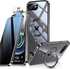 Bluoocase【自動スライドロック！3in1スタンド・覗き見防止】iPhone 16e/17e 用 ケース 全面保護 Magsafe対応・CDリング 縦横両立 アイフォン16e/17e カバー 9Hガラス ワイヤレス充電 両面 （ブラック）