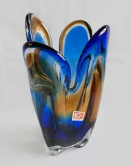 【ミッドセンチュリー】27cm ドルフィングラス 花瓶 昭和レトロ ブルー アンバー 吹きガラス 手拭き Dolphin Glass フラワーベースのサムネイル
