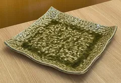 ★新品未使用 角皿 大皿 盛皿「楽彩」銘 陶印あり  緑釉 飾り皿 骨董