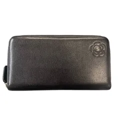 ♪4204  CHANEL シャネル  財布 ファスナー カメリア ブラック ココマーク 中古 美品 ラウンドファスナー レディース