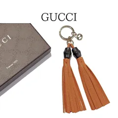 GUCCI グッチ バンブー レザー ダブル タッセル フリンジ キーホルダー キーリング チャーム インターロッキングG ライトブラウン