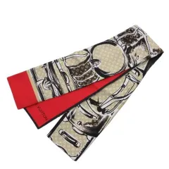 ルイヴィトン LOUIS VUITTON バンドー トランク スカーフ シルク ベージュ レッド 絹