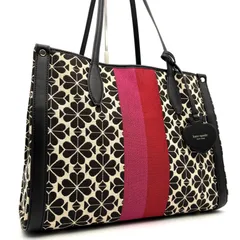 極美品 kate spade ケイトスペード スペードフラワー ジャカード ストライプ トートバッグ 肩掛け キャンバス レザー ベージュ 黒 ブラック ピンク レッド 赤 A4収納 通勤 通学 マザーズバッグ 大容量  旅行 カバン バッグ