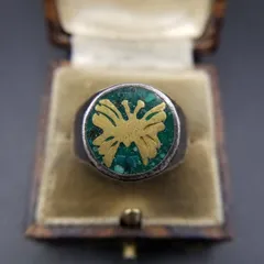 50'60's メキシコ 925 シルバー 蝶 真鍮装飾 ヴィンテージ シグネット リング 銀 指輪 クラッシュストーン インレイ ラウンド Mexico Y27-B