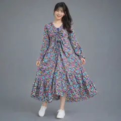 シャーリングフラワー ロング ONE PIECE (マタニティ服 可能)