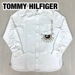 【希少】TOMMY HILFIGER トミーヒルフィガー 刺繍ロゴ ボタンダウン 長袖シャツ L  ホワイト 白 胸ポケット 着丈81cm 肩幅49.5cm 身幅(脇下)60cm 袖丈65cm【古着】