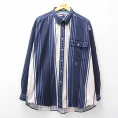 XL/古着 トミーヒルフィガー 長袖 ブランド シャツ メンズ 90年代 90s ワンポイントロゴ 大きいサイズ ロング丈 コットン ボタンダウン 紺他 ストライプ【spe】 26apr01