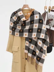 アクセサリー レディース スカーフ 1個 レディース ダブルサイド カラーブロック ハート チェック柄 ニットスカーフ、厚手で暖かい、デイリーウェアアクセサリー レディース冬秋バレンタインデー用