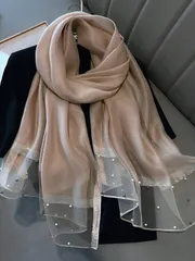 アクセサリー レディース スカーフ キャメル色 フェイクパール スタッズ入り ブレンドスカーフ、エレガントでキラキラした カラーブロック ヘッドスカーフ ショール レディース、柔らかく暖かいアクセサリー