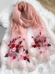 アクセサリー レディース スカーフ 女性用エレガントなピンク無地ビーズ刺繍フラワースカーフ、夏の旅行、秋冬の暖かさ、装飾用ショール バレンタインデー