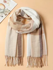 アクセサリー レディース スカーフ 1個 レディース スクエア カラーブロック ショートフリンジ ウォーム ミニマリスト ニットスカーフ、秋冬のドレスに適しています