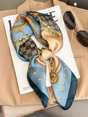 アクセサリー レディース スカーフ 豪華なデザイナーチェーン印刷入り女性用春用シルクバンダナスカーフ 70cm  70cm、日常着用の バンダナ、ヘアバンド、ヘッドバンドに最適 あなたのルックをドレスアップするのに