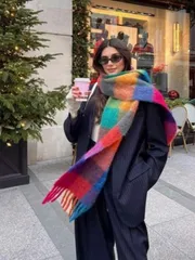 アクセサリー レディース スカーフ 1枚 レディース クリスマス レインボー チェック柄 スカーフ、秋冬 カレッジスタイル あたたかいスカーフ、バレンタインデー、日常生活、仕事、ショッピング、防寒、レディース冬用ス