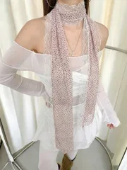 アクセサリー レディース スカーフ 1枚 ピンクのドット柄レースロングネックスカーフ、ヴィンテージレースドットロングシルクスカーフ、女性用ナローヘアバンド付き、春夏の装飾用ネックスカーフ