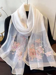 アクセサリー レディース スカーフ 白レディース ゴールド フローラル刺繍ショール:通気性 防風デザイン、夏の日よけ/春秋の暖かさ、チャイナドレス、フォーマルドレス、カジュアルウェアにも合わせやすい、母親/親友への