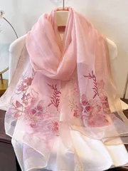 アクセサリー レディース スカーフ 花柄刺繍入り レディースストール、金糸でアウトラインされた花、軽量で通気性があり、エレガントな雰囲気を演出、旅行、日常着、フォーマルウェアに適しています