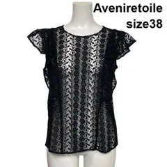 ◇ アベニールエトワール Aveniretoile 総レースブラウス レースカットソー 半袖 花柄 袖フリル シースルー 黒 38 M 9号 レディース S6D698のサムネイル