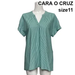 ◇ キャラオクルス CARA O CRUZ 半袖カットソー Tシャツ スキッパーカラー ストライプ 緑 白 コットン100％ 11 L 11号 レディース S6D678のサムネイル