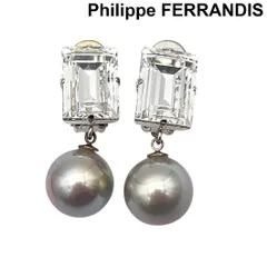 フィリップフェランディス Philippe FERRANDIS イヤリング スクエアカット スワロフスキー クリスタル 大粒パール グレー レディース 6V466のサムネイル