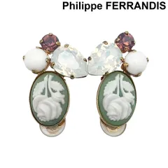 フィリップフェランディス Philippe FERRANDIS クラスターイヤリング ヴィンテージ シェルカメオ クリスタル グリーン レディース 6V465のサムネイル