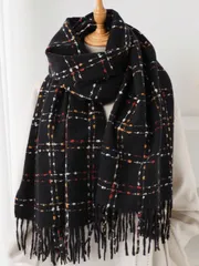 アクセサリー レディース スカーフ 1枚 秋冬 レディース エレガントなヴィンテージ マルチカラー チェック ストライプ フォーカシミア調 スカーフ/ショール、タッセル付き、冬暖かカジュアル 無地 厚手スタイル ネ