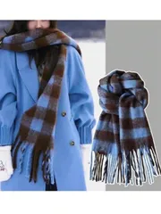 アクセサリー レディース スカーフ 1個 ブルーチェック柄スカーフ レディース、暖かいショール ラップ、学生スタイル、フリンジ付きネックウォーマー、2025年新作コレクション、ドレス用冬物