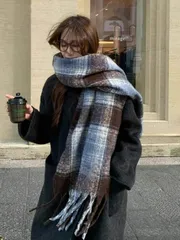 アクセサリー レディース スカーフ 1個 ブルーチェック柄スカーフ レディース、暖かいショール ラップ、学生スタイル、フリンジ付きネックウォーマー、2025年新作コレクション、ドレス用冬物