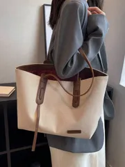 バッグ レディース トートバッグ 1個 ベージュ&ブラウンPUレザー ファッショナブル シンプル 大容量 カラーブロック ジップ開閉式 レディース トートバッグ、通勤、仕事、学校、カジュアル、多用途ショルダーバッグ