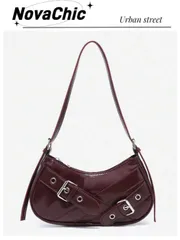 バッグ レディース ショルダーバッグ 1個 レトロ ブラウン レッド ラッカー レザー Y2Kゴシックファッション リベット デコレーション ヴィンテージブロック装飾 レディース ショルダーバッグ、調整可能、レトロ