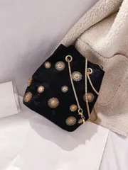 バッグ レディース ショルダーバッグ 1個 円形バックル ポリエステル 磁気式クロージャー チェーンデコレーション バケツ型 ショルダーバッグ(女性の日常用)