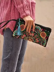 バッグ レディース ハンドバッグ 女性用刺繍入りウォレット、ヴィンテージジッパークラッチ、大容量小銭入れ、女性用スマホケース、母の日プレゼント