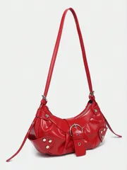 バッグ レディース ショルダーバッグ 軽量 ポータブル ヴィンテージ クロスボディバッグ ウィメン: パンク & ゴシック Y2K スタイル ビーガンレザー オートバイ柄 リベット付き メタルチェーン & 調節可能