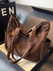 バッグ レディース トートバッグ シンプルな無地 多ポケット ショルダーバッグ コーデュロイ ホーボー トートバッグ レディース、カジュアル クロスボディバッグ 大容量 ハンドバッグ バケットバッグ、ショルダーサッ