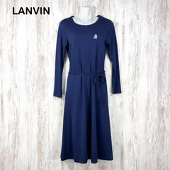 80s 90s LANVIN ヴィンテージ ランバン ジャンヌランバンロゴ刺繡 ウエストリボン ストレッチ ジャージー ロングスリーブ ワンピース ネイビー レディースのサムネイル