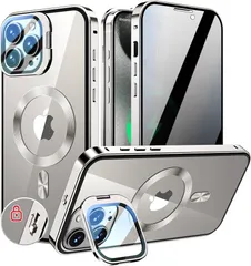 KELLCASE【カメラレンズ保護・スタンド+覗き見防止+MagSafe対応 】iPhone 15 Pro Max 用 ケース 両面 隠しスタンド付き ロック付き 全面保護 アイフォン15プロマックス カバー ストラップホール付き透明背面 メタルフレーム