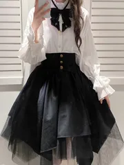 ❤️3点セット❤️ 量産型 地雷系 セットアップ ブラウス スカート リボン フリル ゴシック クラシカル フレンチガーリー ハイウエスト チュールスカート ドール風 姫系 上下セット 韓国ファッション レディース コーデ完成 甘辛ミックス モノトーン