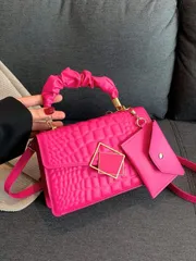 バッグ レディース ハンドルバッグ 新作春夏 レトロクロコ型押し 無地 PUレザー小型 スクエアバッグ レディース (アクセサリー付き)