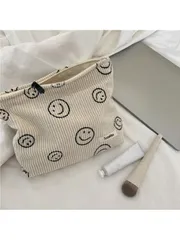 バッグ レディース クラッチバッグ リトロスマイルフェイス柄 大容量化粧ポーチ、コーデュロイ裏地付き厚手キャンバス生地、キー、携帯、財布、ペン、小銭等収納可能、新作秋冬レディースバッグ