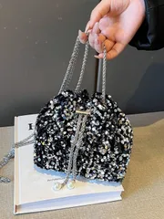 バッグ レディース ドレスバッグ 軽量 ビジネスカジュアル ラインストーン付き バケツ型ミニ巾着デザイン クリアバッグ トレンディパール付きイブニングバッグ ディナーバッグ グラマラス エレガント 上品 控えめな高