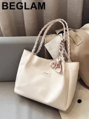 バッグ レディース トートバッグ 女性用 多用途 無地ハンドバッグ、マリスト PUレザー 大容量ショルダーバッグ スカーフ付き、軽量で広々としたトートバッグ 日常のオフィス使用に、ファッショナブル 防水 耐久性のあ