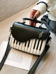 バッグ レディース ハンドルバッグ ピアノキーパターンフラップスクエアバッグ ピアノ、ギター、楽譜手提げバッグ、クリエイティブPUレザートートバッグ、トレンディなウーマン、ガールズ クロスボディバッグ