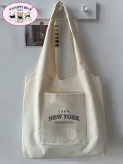 バッグ レディース トートバッグ 1個 スタイリッシュなベージュキャンバストートバッグ、1989年ニューヨークレター柄とベスト型ハンドル、女性用、ポータブルショッピングバッグ、ブックウィーク用プレッピーブックバッグ