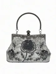 バッグ レディース ドレスバッグ 1個 グレーのバラ刺繍ビーズ付きスパンコール装飾メタルハンドル付きヴィンテージ1920年代エレガントなクラッチバッグ、女性の新年、パーティー、結婚式、フォーマルな機会、プロム、母の