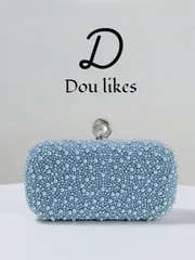 バッグ レディース ドレスバッグ ライトブルーパール イブニングバッグ、優雅な婚約クラッチバッグ（チャイナドレス用）、金属チェーン付き、パーティー、結婚式、卒業パーティー、バンケット/フォーマルイベントに最適、女性